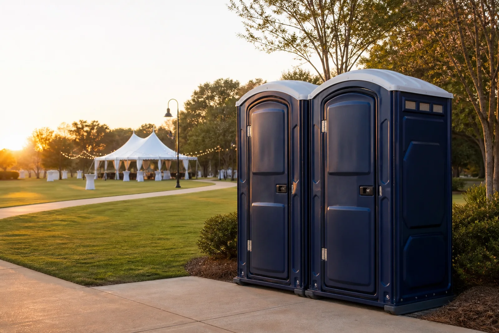 Portable restrooms positioned beside an outdoor event venue